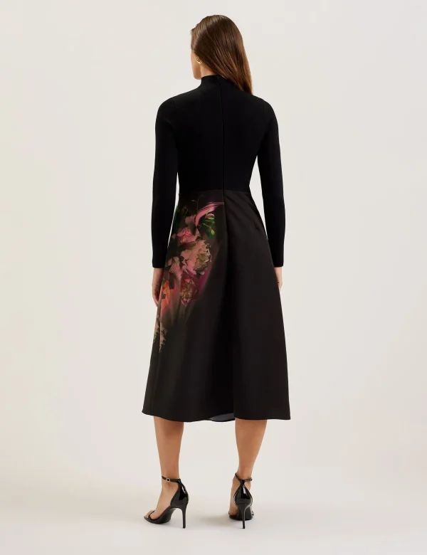 Asnes Knit Bodice Midi Dress With Printed Skirt