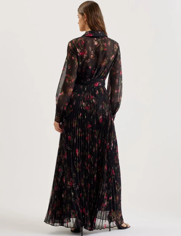 Ceiba Floral Print Pleated Maxi Shirt Dress