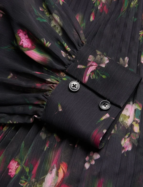 Ceiba Floral Print Pleated Maxi Shirt Dress