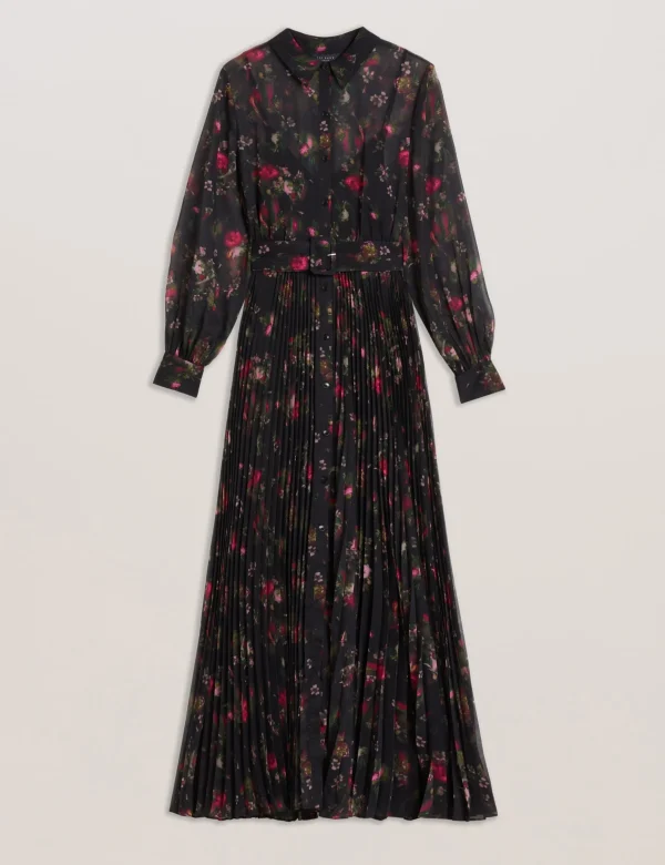 Ceiba Floral Print Pleated Maxi Shirt Dress