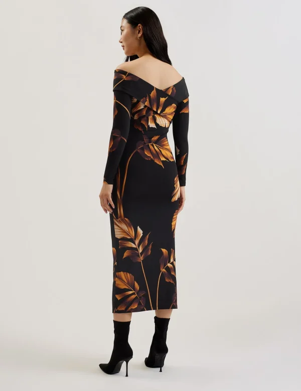 Josefen Printed Bardot Long Sleeve Midi Dress