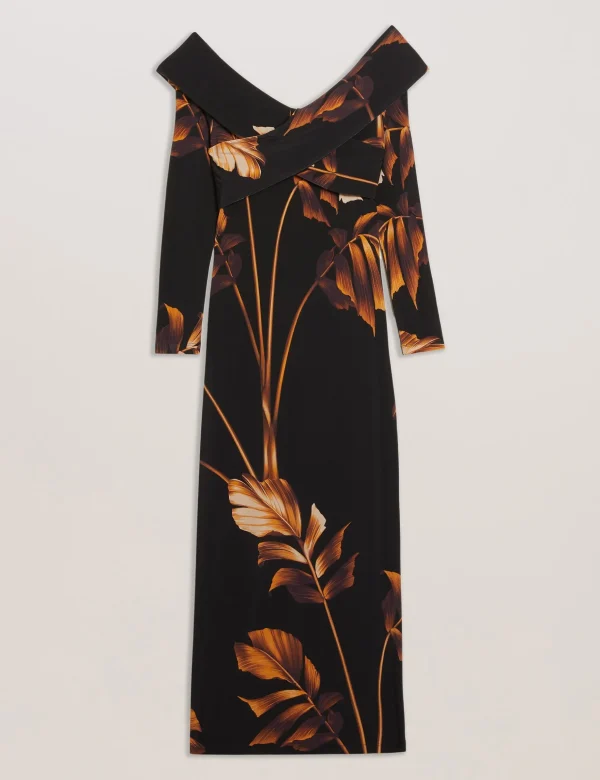 Josefen Printed Bardot Long Sleeve Midi Dress