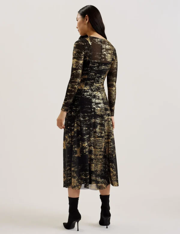 Junhaa Foil Print Long Sleeve Mesh Midi Dress