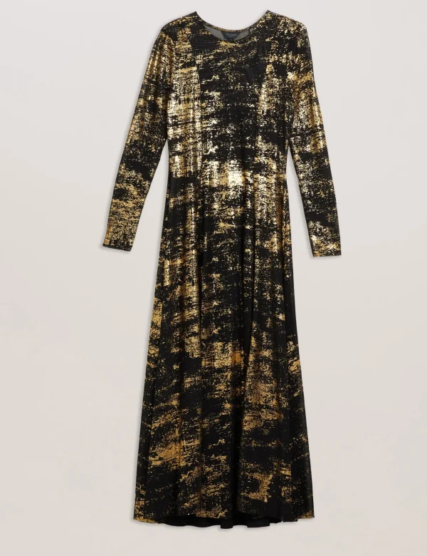 Junhaa Foil Print Long Sleeve Mesh Midi Dress