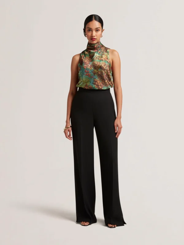 Kalnaa Printed Satin High Neck Sleeveless Top