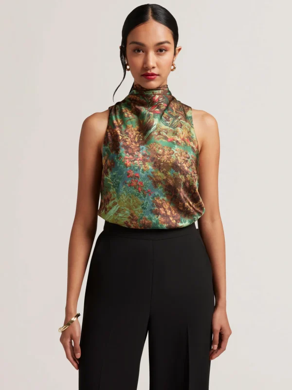 Kalnaa Printed Satin High Neck Sleeveless Top