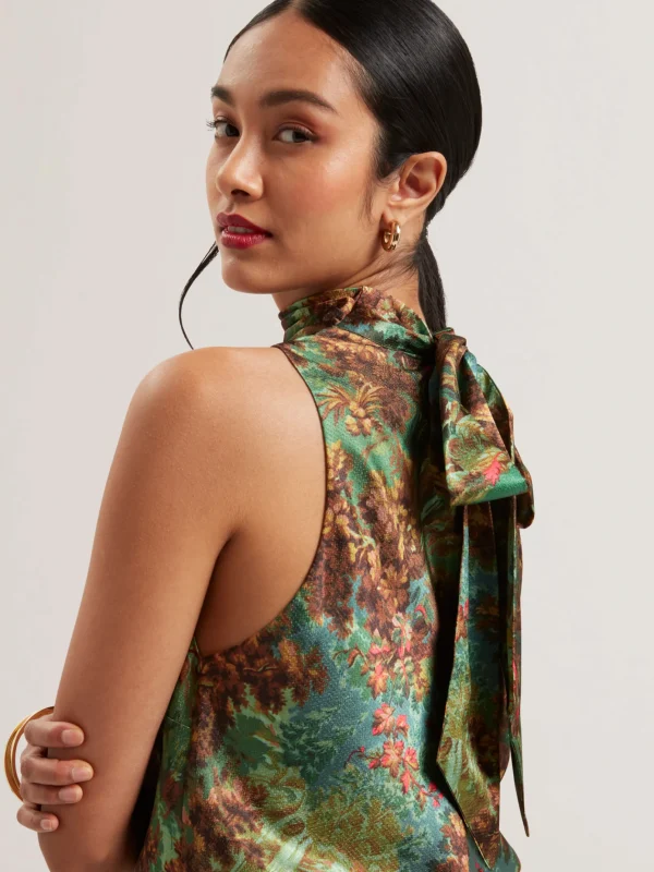 Kalnaa Printed Satin High Neck Sleeveless Top