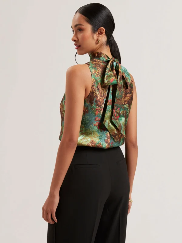 Kalnaa Printed Satin High Neck Sleeveless Top