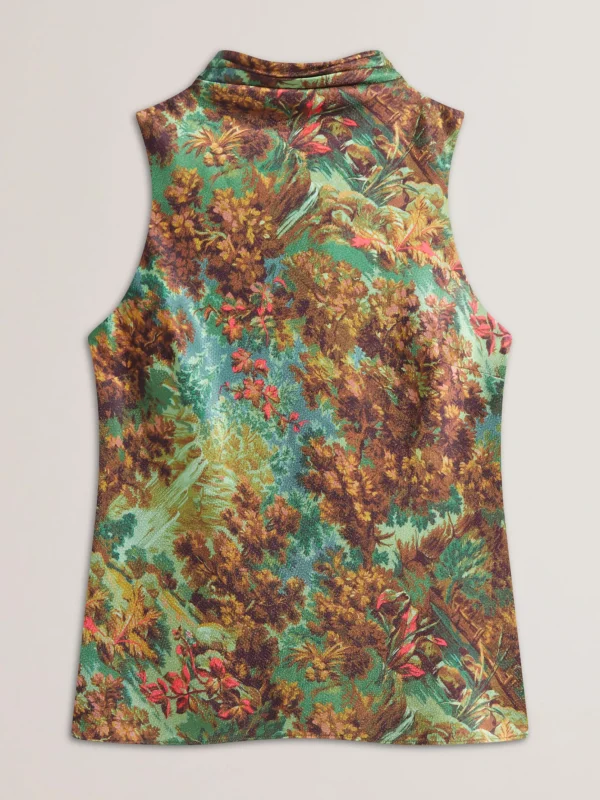 Kalnaa Printed Satin High Neck Sleeveless Top