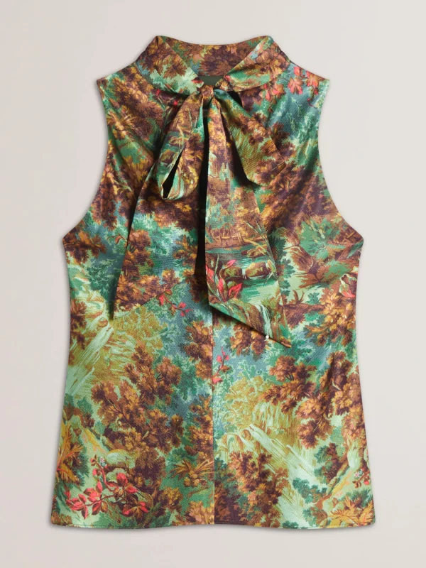 Kalnaa Printed Satin High Neck Sleeveless Top