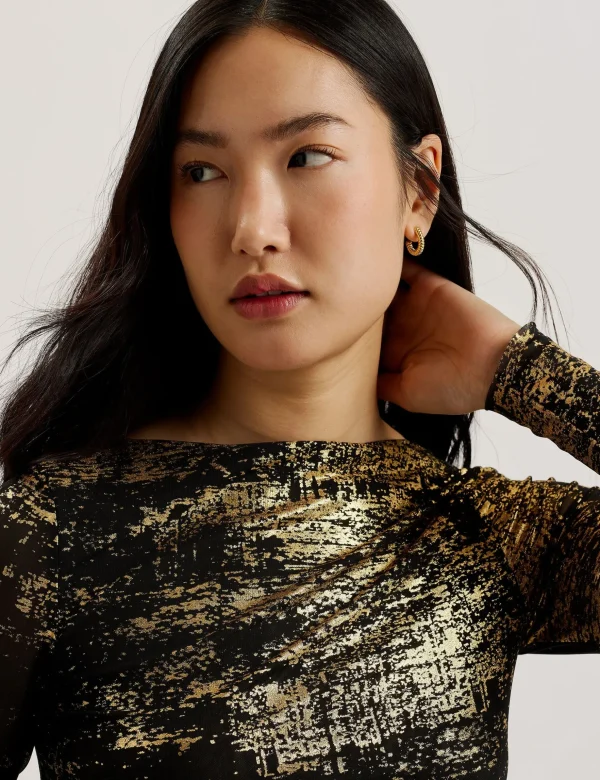 Karenha Foil Printed Slash Neck Mesh Top