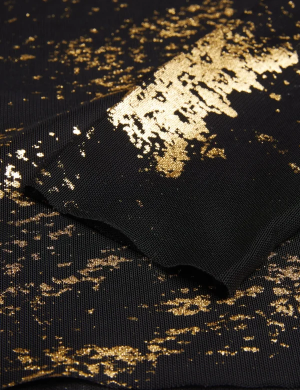 Karenha Foil Printed Slash Neck Mesh Top