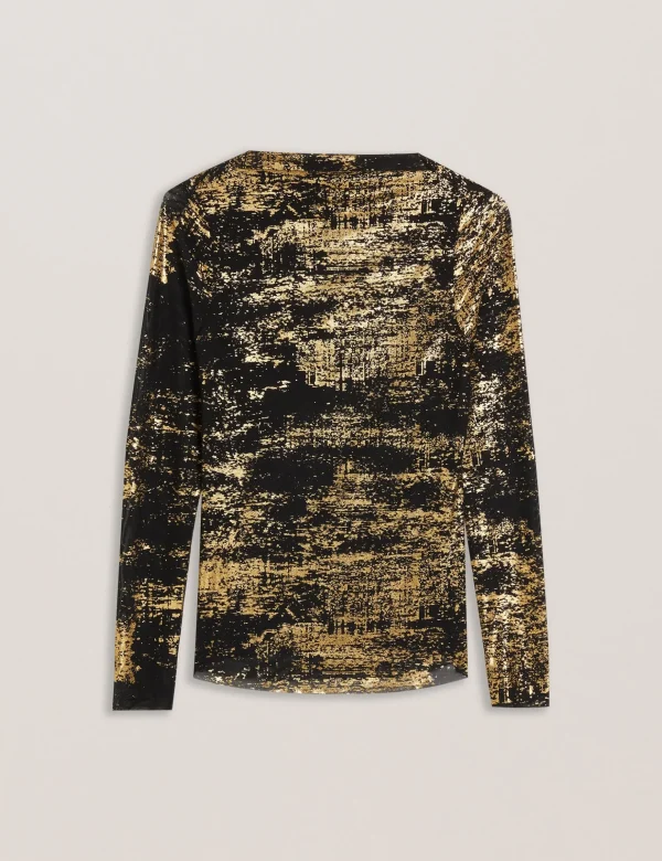 Karenha Foil Printed Slash Neck Mesh Top