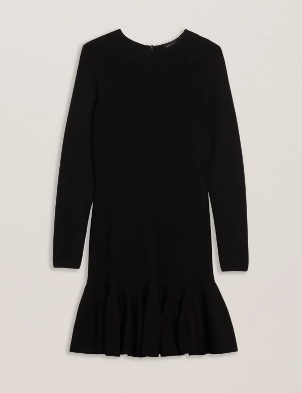 Loisss Flounce Hem Long Sleeve Knitted Mini Dress