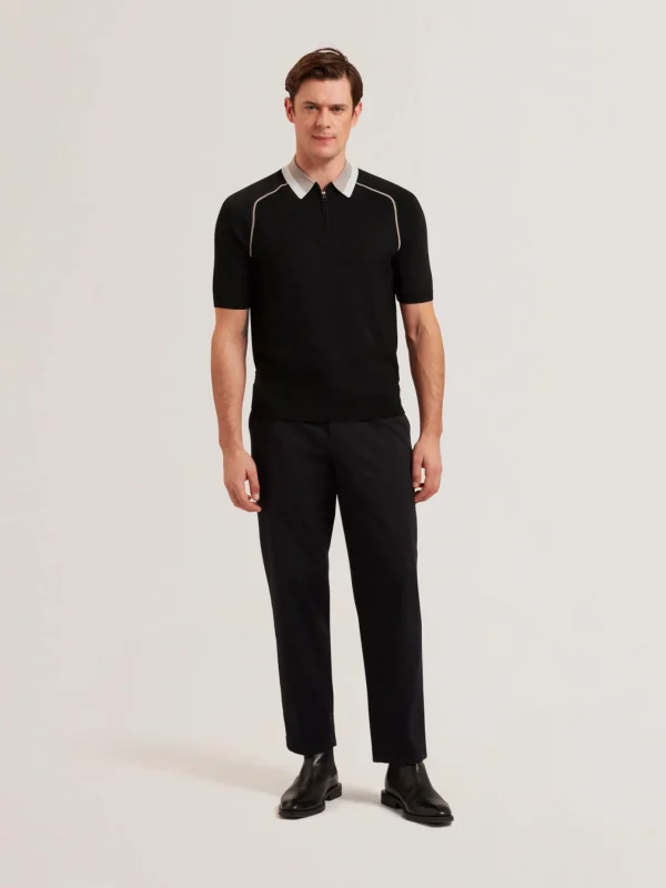 Paxto Textured Zip Polo With Striped Collar