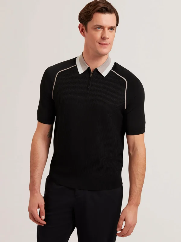 Paxto Textured Zip Polo With Striped Collar