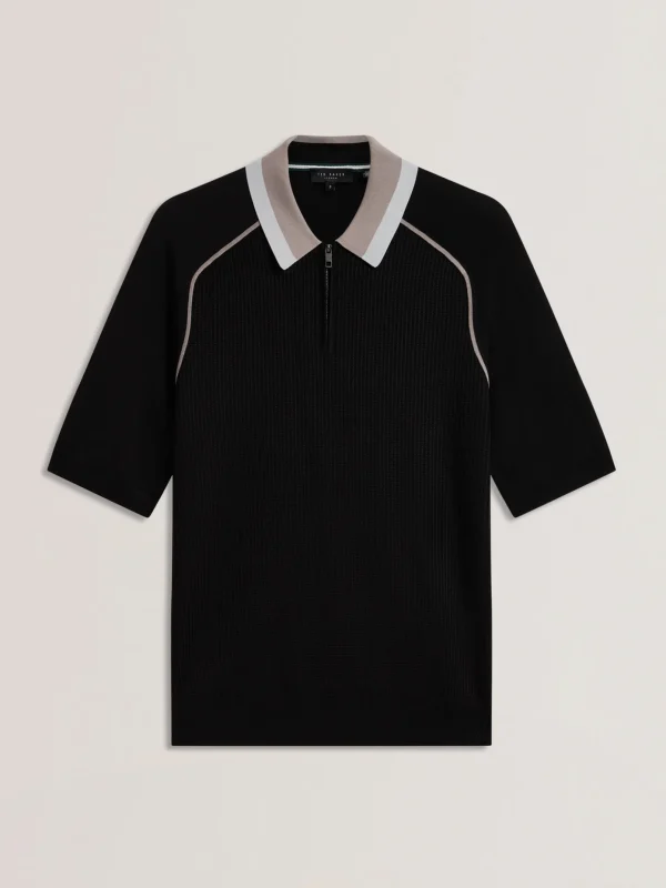 Paxto Textured Zip Polo With Striped Collar