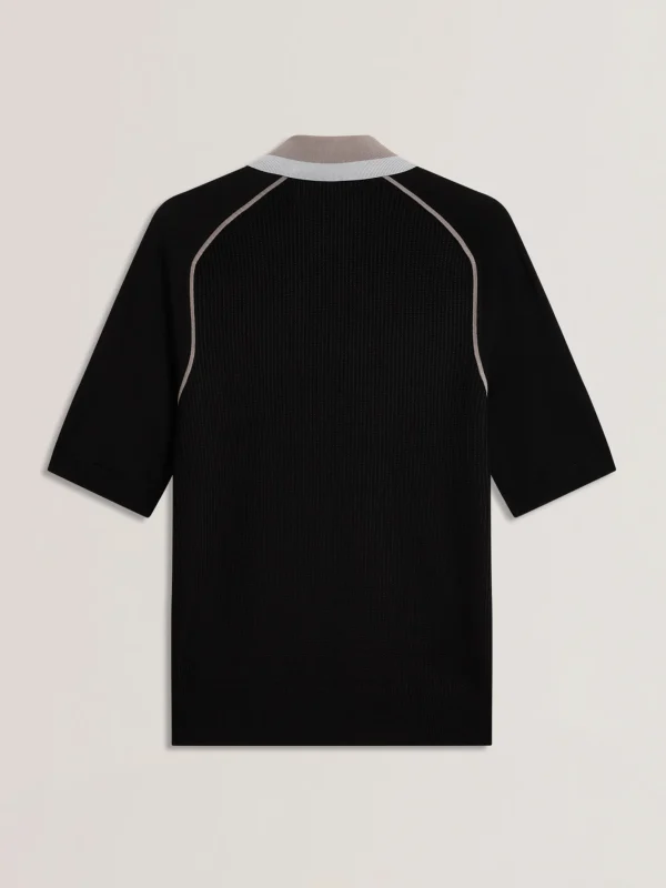 Paxto Textured Zip Polo With Striped Collar