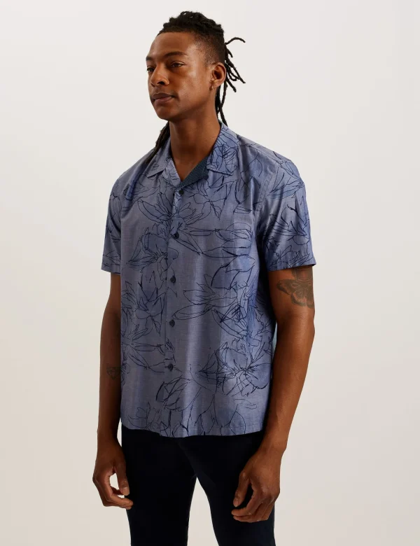 Terroni Short Sleeve Floral Chambray Cotton Shirt