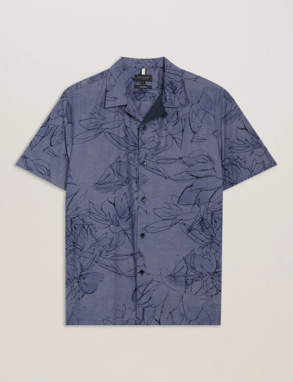 Terroni Short Sleeve Floral Chambray Cotton Shirt